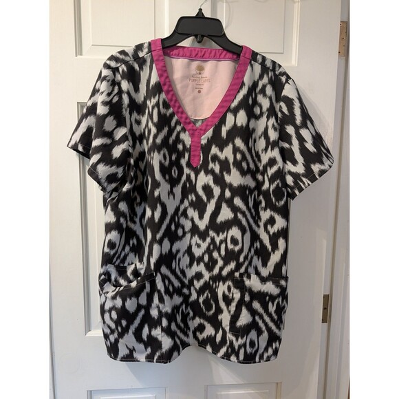 healing hands Tops - Healing Hands Purple Label Scrub Top Womens S Black White Ikat Pink Trim